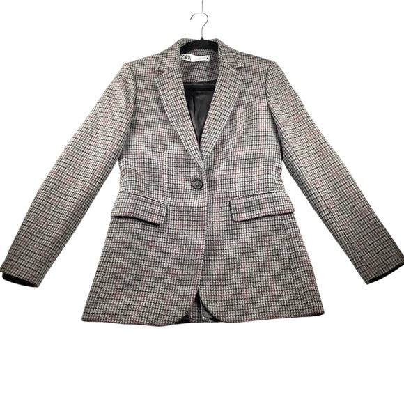 Zara Women’s Houndstooth Plaid Wool Blend Blazer with Suede Elbow Patches XS - Picture 16 of 16